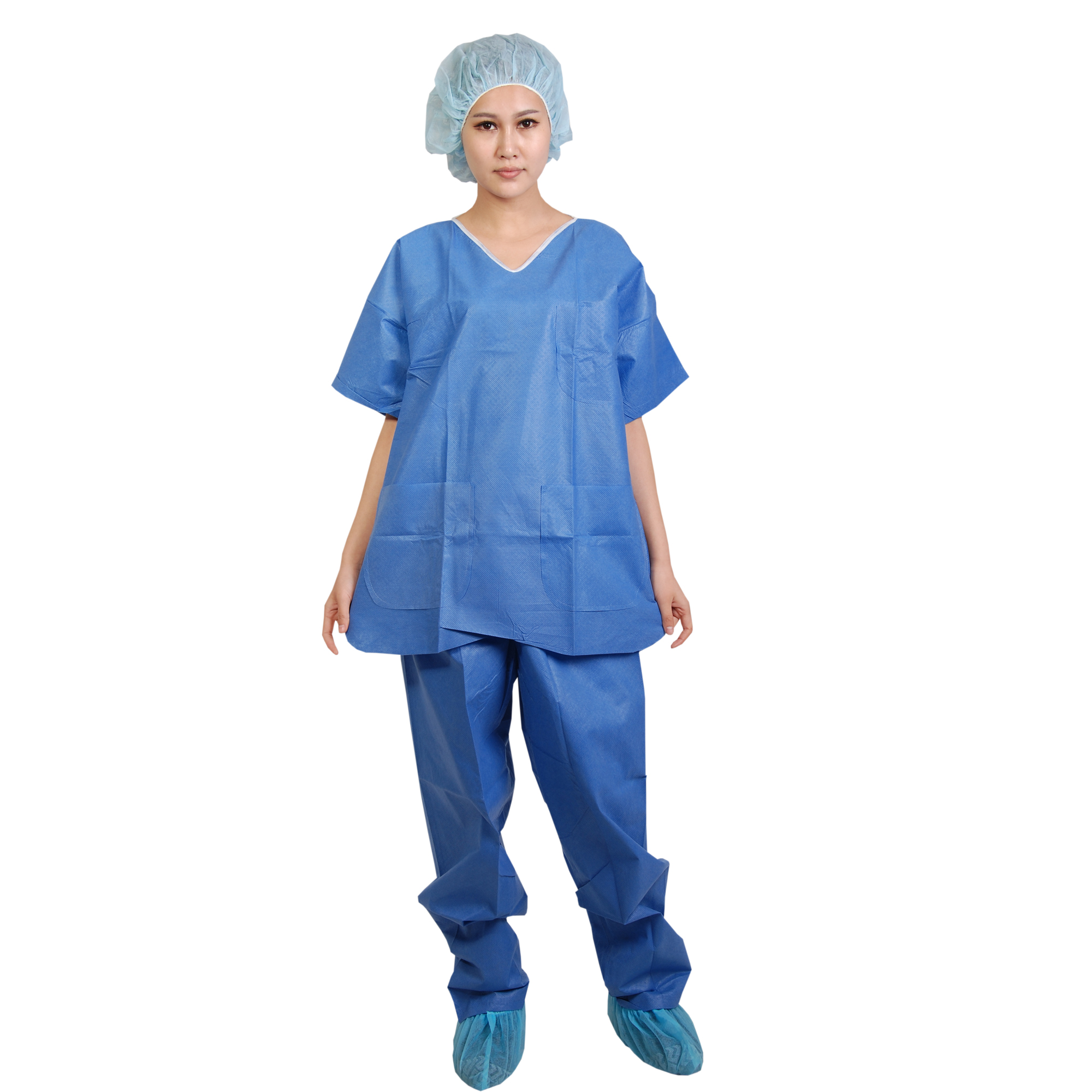 Hospital Use Disposable SMS Scrub Suit with Round Collar 