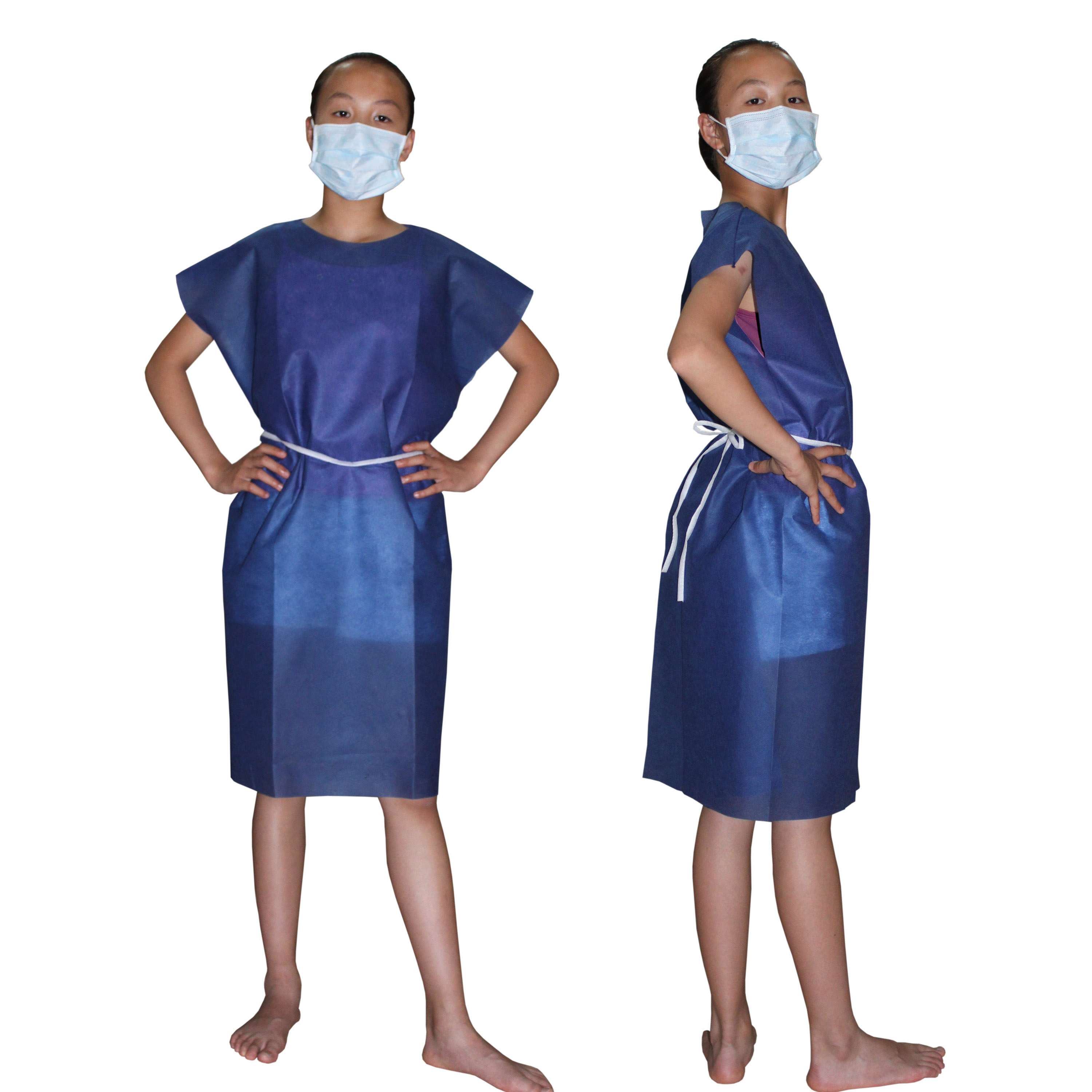Disposable non-transparent dark blue patient gown with short sleeves 