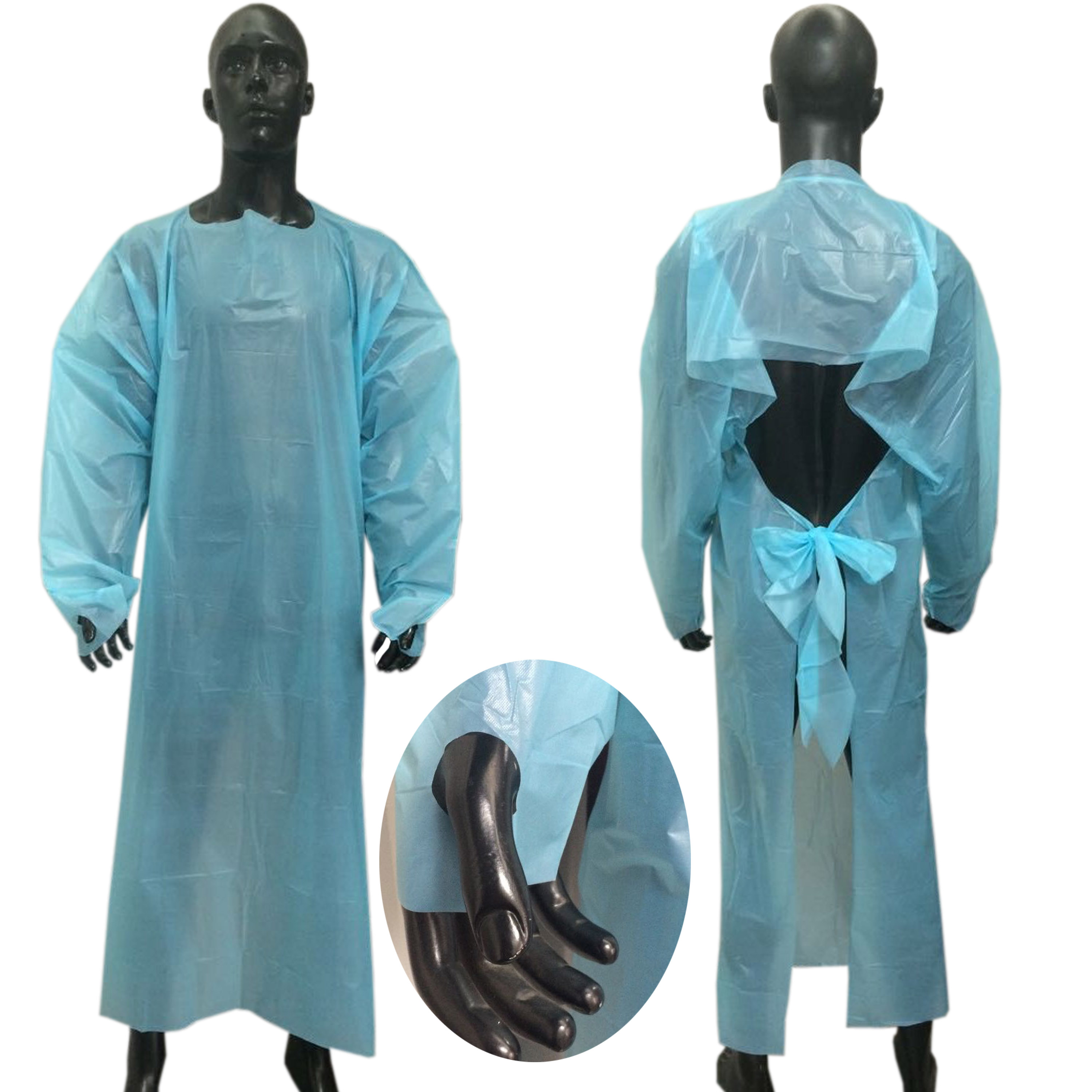 Medical Supplier Hospital Overhead Open Back Cpe Isolation Gown CPE Gown With Tumb Loop